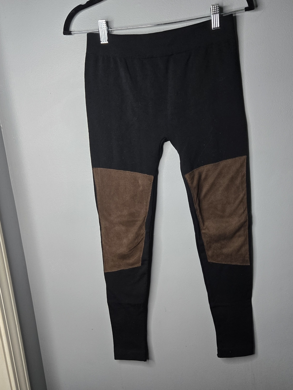Connection 18 Thick Black Brown Faux Suede Patch Leggings Women Stretch Pants